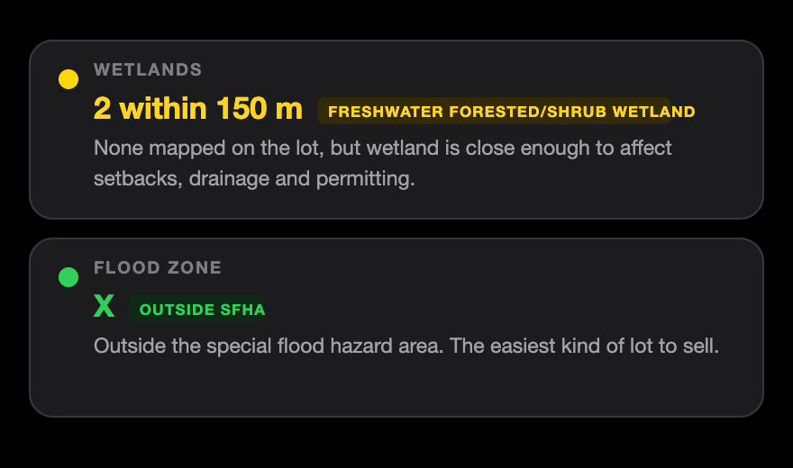 Wetlands and flood zone verdict cards from a real check
